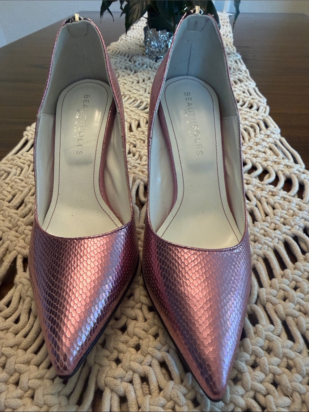 Beau+Elles Metallic Rose Snakeskin Pointed-Toe Pumps